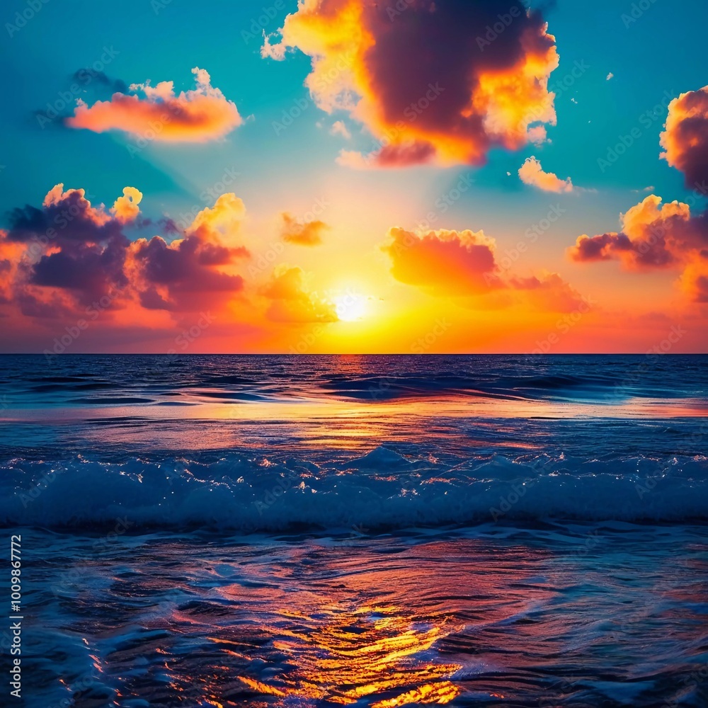 Poster The sun rises over the ocean, casting warm hues across the water. Waves gently roll in, creating bubbles that sparkle in the early light while clouds streak the sky in vibrant colors. Generative AI