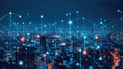 Fototapeta premium Illuminated Cityscape at Night with Abstract Network Connections