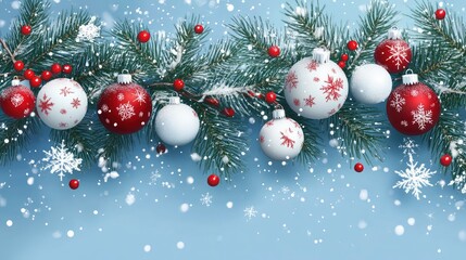 Christmas banner with fir branches and white and red decorations on blue background with snow. with generative ai