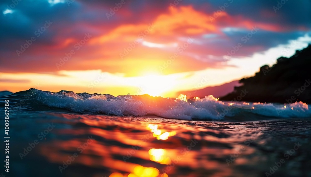 Poster The sun rises over the ocean, casting warm hues across the water. Waves gently roll in, creating bubbles that sparkle in the early light while clouds streak the sky in vibrant colors. Generative AI