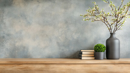 Stack of books and a vase with white flowers on a wooden shelf.