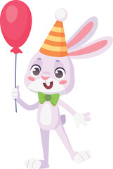 Holiday rabbit in party hat hold red balloon