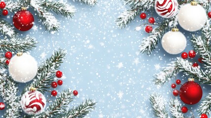 Christmas banner with fir branches and white and red decorations on blue background with snow. with generative ai