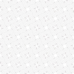 Subtle vector seamless pattern. Elegant geometric floral ornament. Light gray and white background with linear flowers, leaves, petals, curved lines. Abstract ornamental geo texture. Repeated design