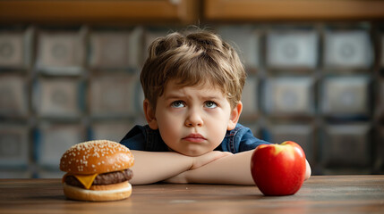Fototapeta premium Little boy sit on table, Hamburger and apple on table Boy with confused face and undecided