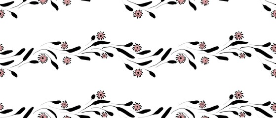 Seamless abstract botanical pattern. Simple background with black, beige, pink, white texture. Digital brush strokes. Flowers. Design for textile fabrics, wrapping paper, background, wallpaper, cover.