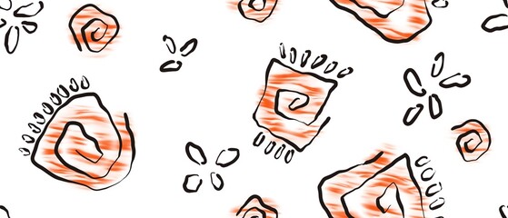 Seamless abstract geometric pattern. Black, orange ethnic elements on white background. Meanders, flowers. Design for textile fabrics, wrapping paper, background, wallpaper, cover.