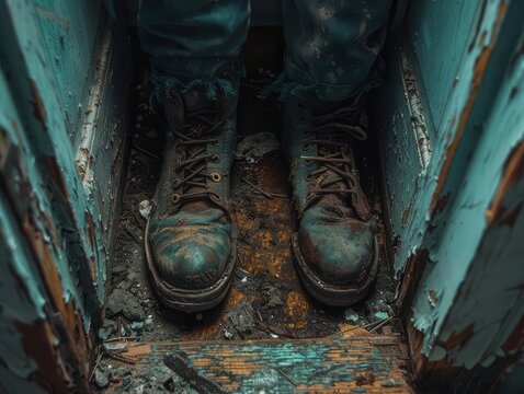 Urban exploration gear with dynamic scenes, eerie and adventurous, Urban, Cool tones, Photograph, Forgotten places