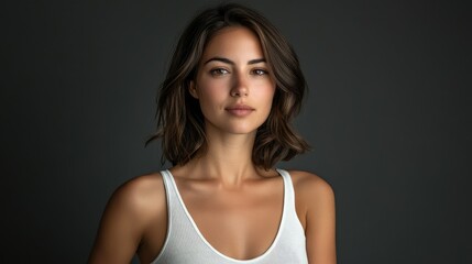 Fototapeta premium Health and Medicine Concepts - A woman wearing a white t-shirt in support of breast cancer.