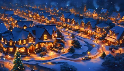 Obraz premium A cozy winter village adorned with glowing lights, nestled in a snowy landscape, creating a magical, festive atmosphere.