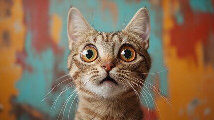 Crazy surprised cat makes big eyes close-up on a colored background.