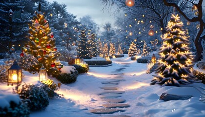 A serene winter path lined with glowing Christmas trees and lanterns, creating a magical festive ambiance amidst softly falling snow.