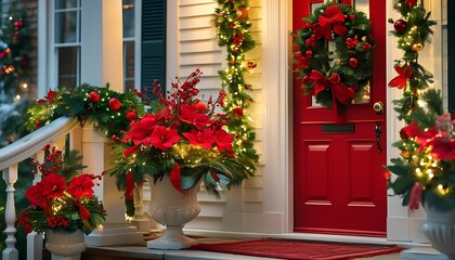 Naklejka premium A beautifully decorated holiday entrance with red flowers, garlands, and a bright red door, creating a warm festive atmosphere.