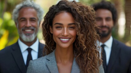 Confident businesswoman smiles brightly with colleagues outdoors in a lush setting during a sunny day