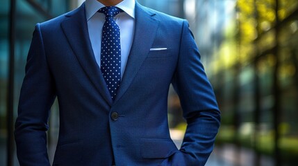 A businessman in a tailored blue suit stands confidently in an urban office district during the golden hour sunlight