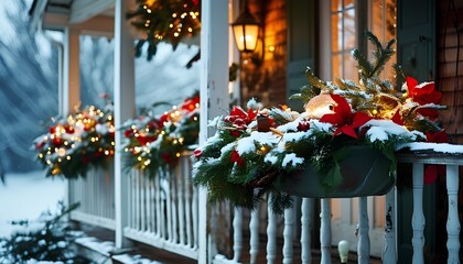 Fototapeta premium A cozy, snow-covered porch decorated with festive greenery, red poinsettias, and warm lights, creating a cheerful holiday atmosphere.