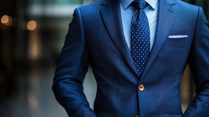 A man dressed in a tailored blue suit with a dotted tie standing confidently indoors in a modern office setting