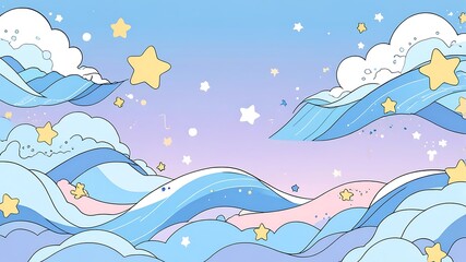 Cute Cartoon Clouds and Waves with Stars