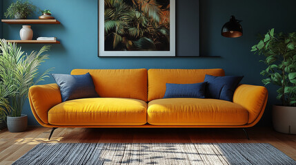A bright yellow couch with blue pillows in a modern living room.