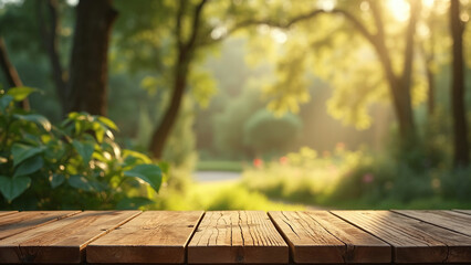 Fototapeta premium Wooden Surface with Lush Green Forest Background