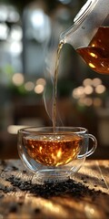 Fototapeta premium A steaming cup of tea is being poured from a glass teapot. Warm and inviting, this scene evokes a sense of comfort and relaxation.