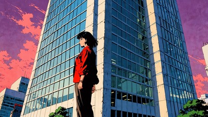 Fototapeta premium skyscraper exterior retro anime high-quality image and aesthetic finish background
