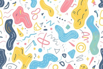 Fototapeta premium abstract pattern with various colorful, irregular shapes and lines in pastel colors like yellow, pink, blue, and green on a white background. The design is playful and dynamic.