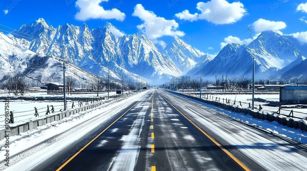 Poster Snowy Mountain Road: A Serene Winter Landscape