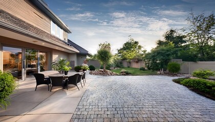 A beautifully landscaped yard with a spacious stamped concrete patio and lush greenery in the afternoon sun. Generative AI
