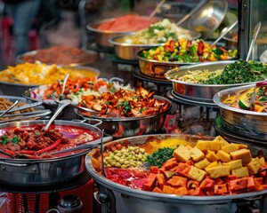 Obraz premium Urban street food with diverse dishes, lively and inviting, Urban, Bright hues, Photograph, Culinary adventure