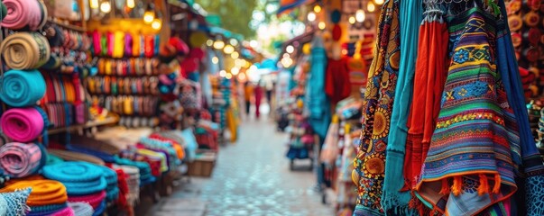 Urban street markets with diverse stalls, lively and vibrant, Urban, Bright hues, Photograph, Community life