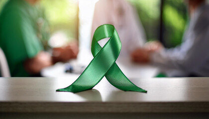 world bipolar day, green ribbon symbol on blurred background Green ribbon of hope, blurred medical professional, mental health awareness and support, health campaigns, awareness programs