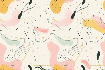 Naklejka premium abstract pattern with various colorful, irregular shapes and lines in pastel colors like yellow, pink, blue, and green on a white background. The design is playful and dynamic.
