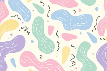 Obraz premium abstract pattern with various colorful, irregular shapes and lines in pastel colors like yellow, pink, blue, and green on a white background. The design is playful and dynamic.