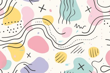 abstract pattern with various colorful, irregular shapes and lines in pastel colors like yellow, pink, blue, and green on a white background. The design is playful and dynamic.