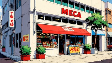 market exterior retro anime high-quality image and aesthetic finish background