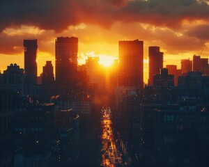 Fototapeta premium Urban sunset with a city skyline, dynamic and serene, Urban, Warm tones, Photograph, Evening charm