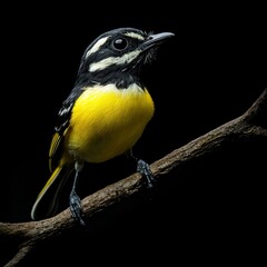 Naklejka premium A striking bird perched on a branch. Its vibrant yellow belly and contrasting black head create a stunning visual. The simplicity of the background emphasizes its beauty. AI