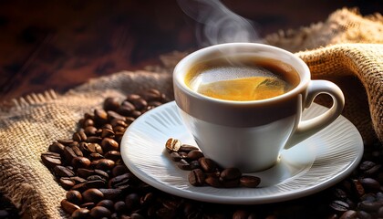 A steaming espresso cup on a saucer surrounded by coffee beans, set on a textured surface. Generative AI