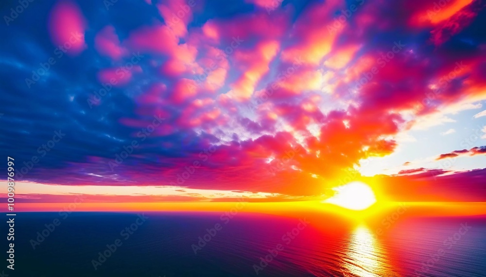Poster The sun rises over the ocean, casting warm hues across the water. Waves gently roll in, creating bubbles that sparkle in the early light while clouds streak the sky in vibrant colors. Generative AI