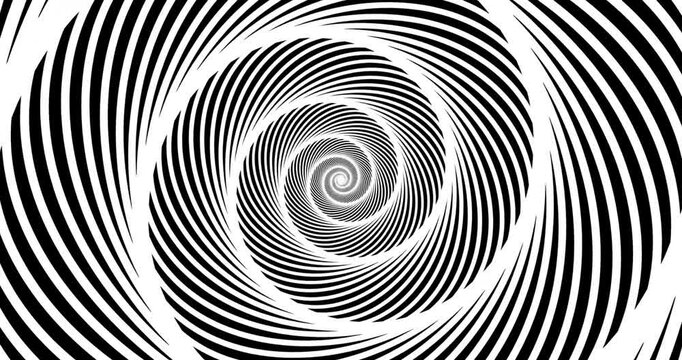 Moving hypnotic spiral. Psychedelic animated spiral and slow rotation. Black and white background with hypnotic expanding/collapsing spiral. Seamless loop. 