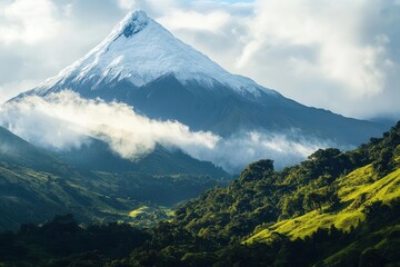 Naklejka premium Majestic snow-capped mountain surrounded by lush greenery and misty clouds.