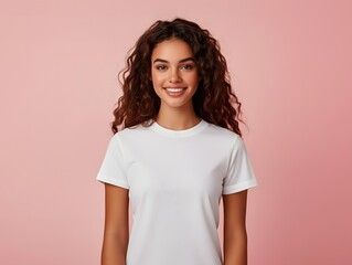 A young woman posing for a t-shirt mockup, wearing a blank , clean white shirt