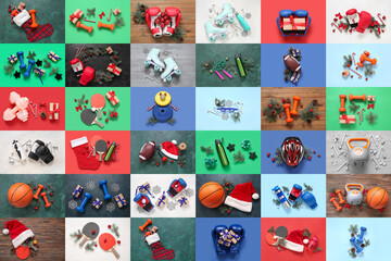 Set of sports equipment with gifts and Christmas decorations on color background