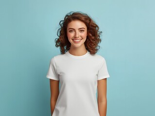 A young woman posing for a t-shirt mockup, wearing a blank , clean white shirt