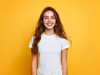 A young woman posing for a t-shirt mockup, wearing a blank , clean white shirt