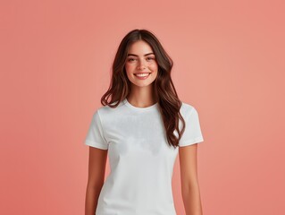 A young woman posing for a t-shirt mockup, wearing a blank , clean white shirt