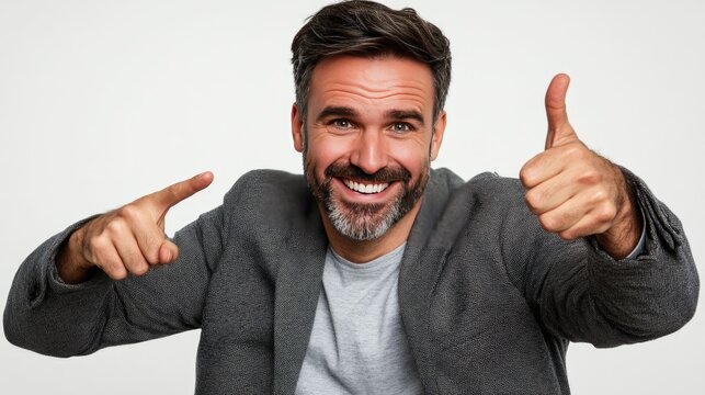 A happy man in a grey jacket gives a thumbs-up and points to the viewer with a wide smile.