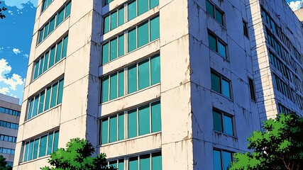 building exterior retro anime high-quality image and aesthetic finish background