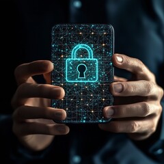 Cyber security internet and networking concept.businessman hand working with vr screen padlock icon and mobile phone and laptop computer.